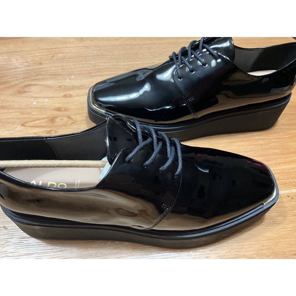 Aldo Womens Black Patent Square Toe Platform Wedge Oxford Shoes Size 10